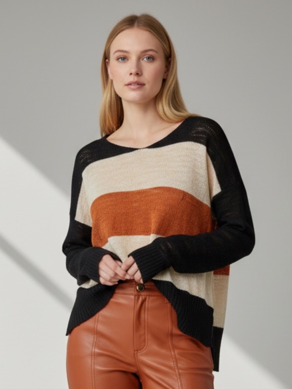 Figwood Colorblock Knit Sweater Orange Black Cream Size Small